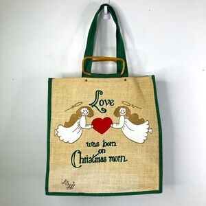 Vintage Handpainted Burlap Bag Christmas Angels Artist Signed Teresa Thibault